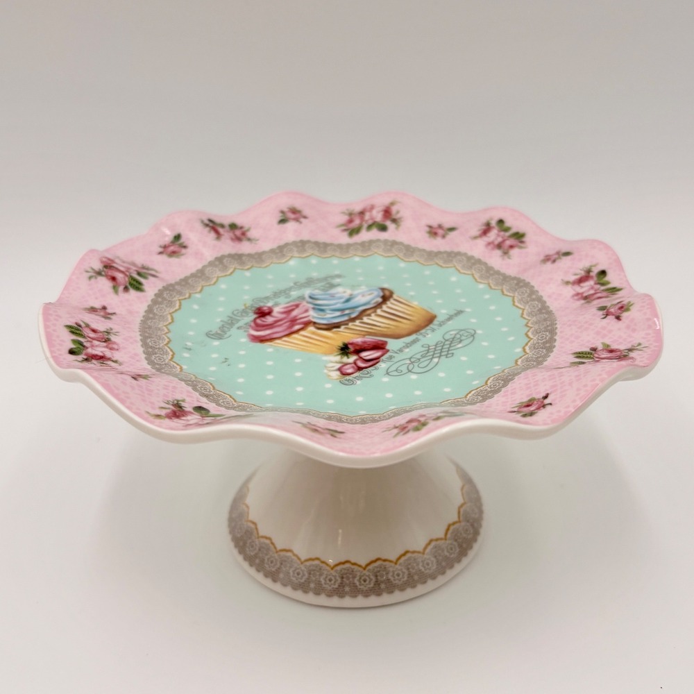 Grace Teaware Pink Mint Cupcake Pedestal Mini Cake Stand Floral Scalloped